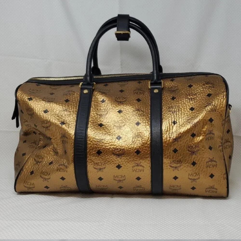 MCM Metallic Gold Weekend Duffle Duffel Coated Travel Bag Handbag